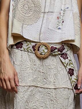 POL Embroidered Floral Woven Belt with Beaded Buckle - NWT